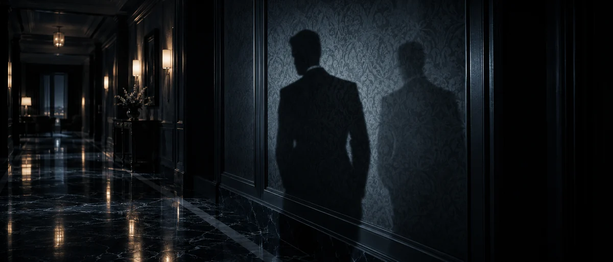 A dark hotel corridor with the sharp shadow of a man in a suit cast on the wall, beside a second translucent shadow fading away.