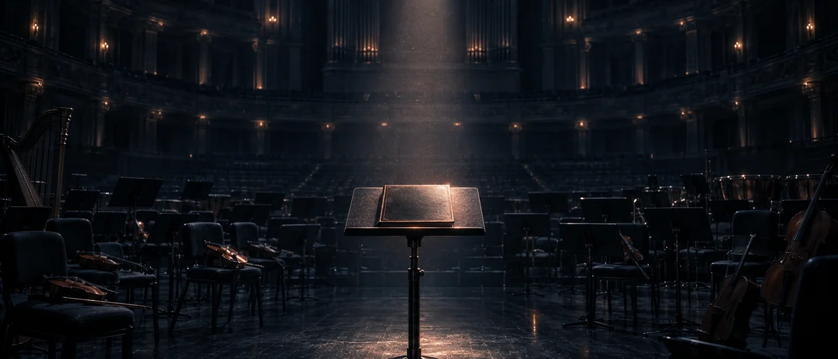 An empty, dark concert hall, instruments resting on the chairs and a closed score under a single spotlight.