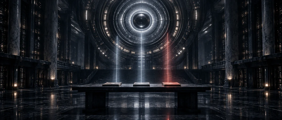 A computer core shaped like an iris of light at the center of a server hall, casting beams onto three closed folders on a table.