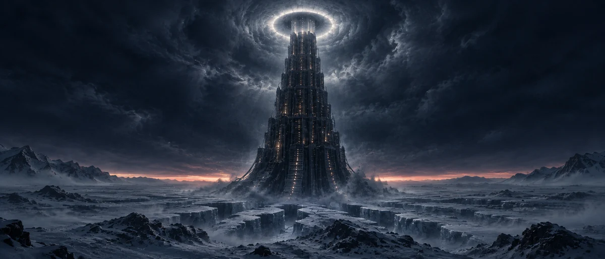 A colossal tower made of servers rising into the clouds, crowned by a ring of light looking down, with cracks at its base.