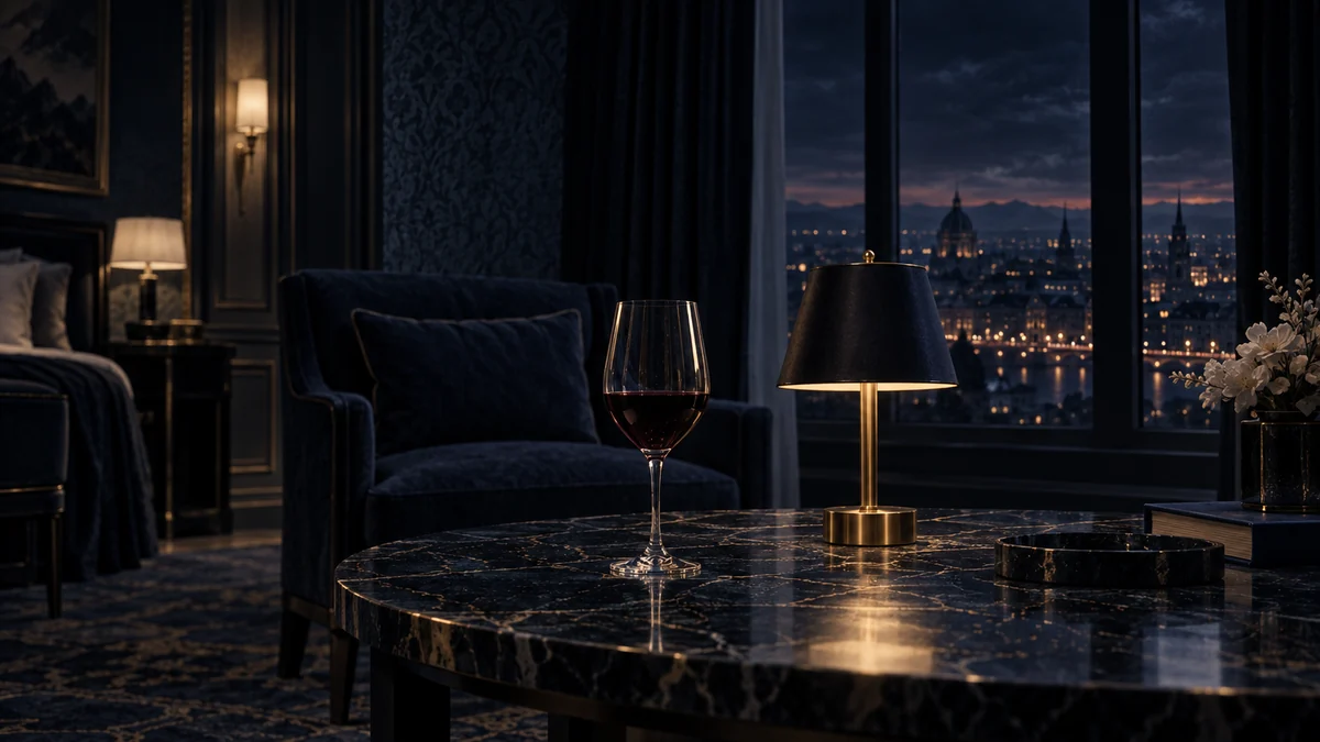 A hotel suite at night with uniform lighting and simple shadows, a crystal glass on a marble table.