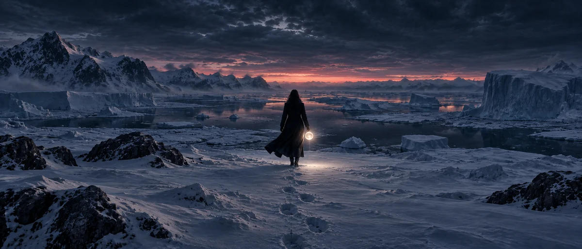 A woman in a dark coat, seen from behind, crosses the Antarctic ice at dawn carrying a core of light in her hand, before the sun rises.