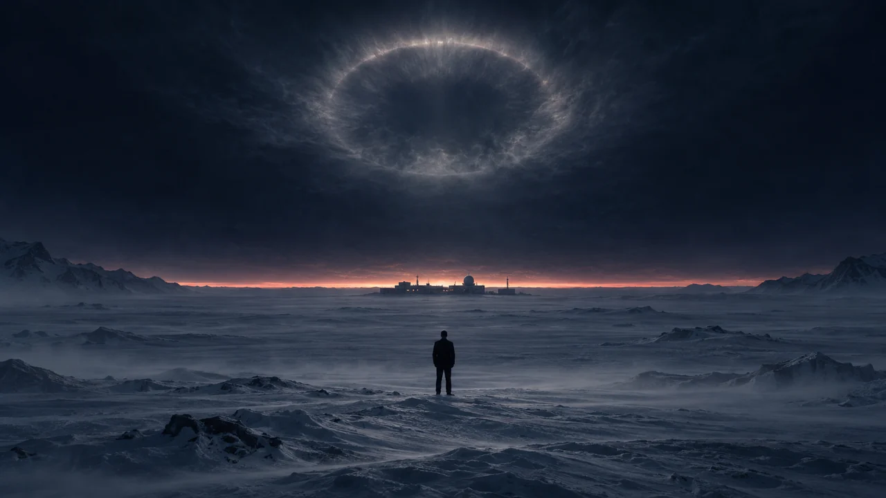 An Antarctic ice plain before sunrise, a thin line of light on the horizon that has not yet broken, a halo of light in the sky and a small figure in a dark suit, seen from behind.