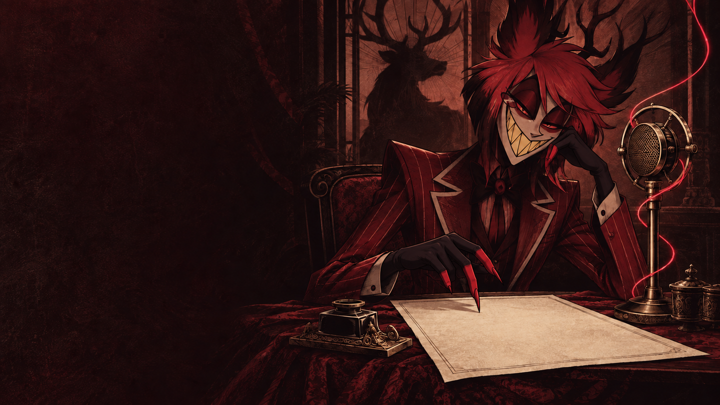 Alastor at a blank contract, a red thread winding around his radio microphone.