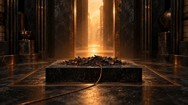 Ash on the stone stage where a decision took place.
