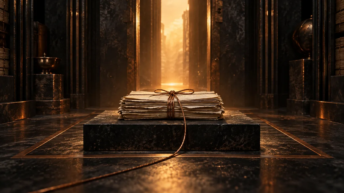 An intact bundle of archival papers waits on a black stone plinth.