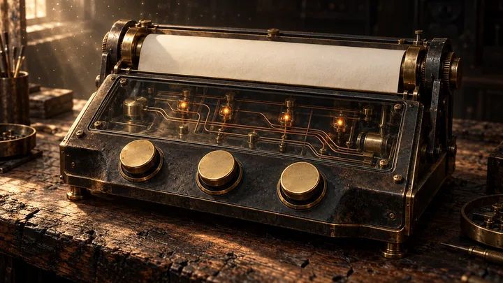 The brass keys and paper roll of an analog instrument.
