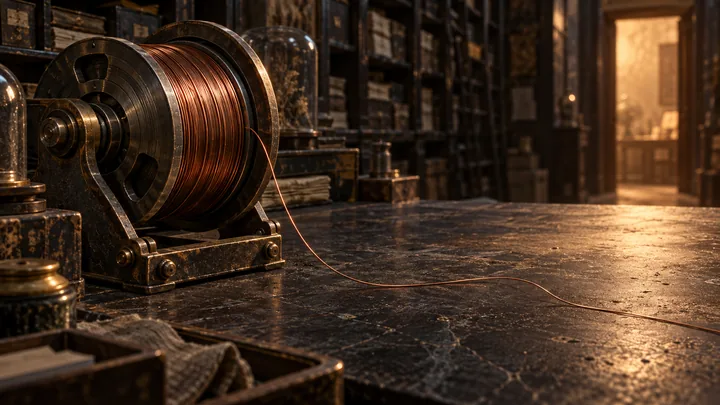 A copper wire crossing a worn wooden workbench.