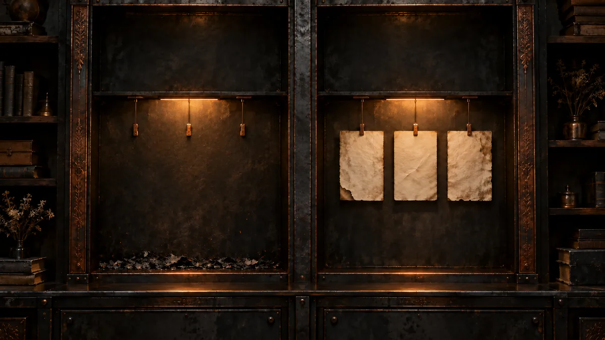 The left niche is empty after the fire. Three fragments survive on the right.