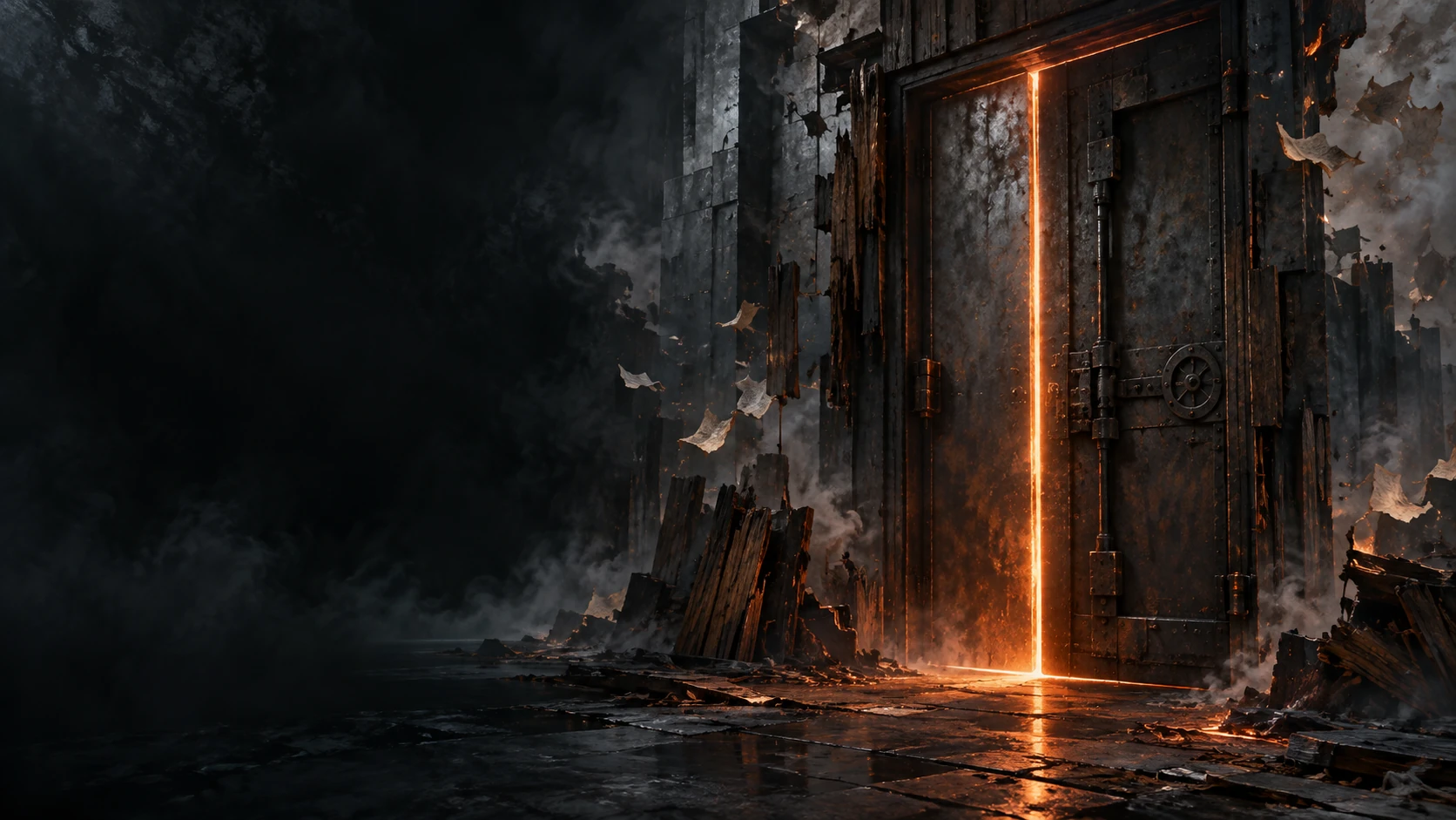 A steel door seals a glowing seam while its surrounding walls dissolve into ash.