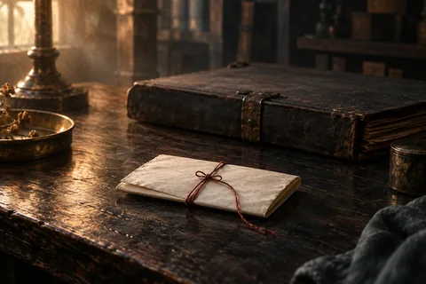 A small folded letter with a red thread rests in front of a heavy closed folder.