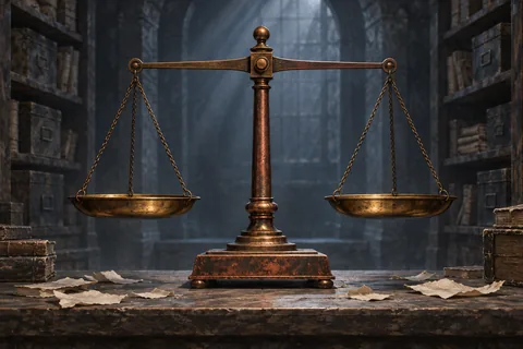 A copper balance holds two pans at equal height.