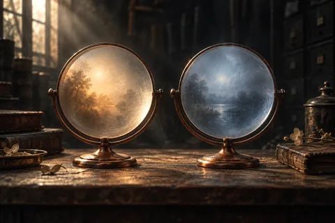 Two frosted glass lenses, amber and blue, share one workbench.