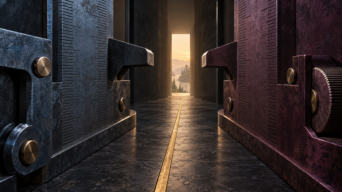 Two monumental rulers frame an open passage. A brass path leads towards a lit threshold and a landscape beyond.