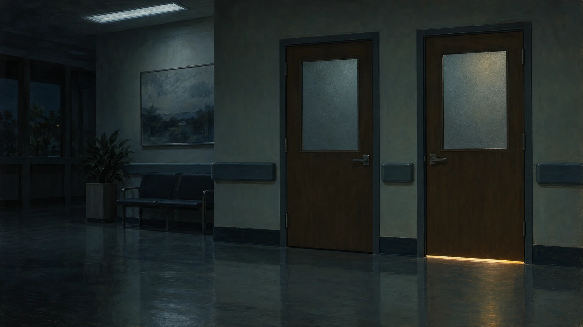 Painting of a hospital corridor at night, seen through frosted glass: two identical exam-room doors, and only one has light at the sill.